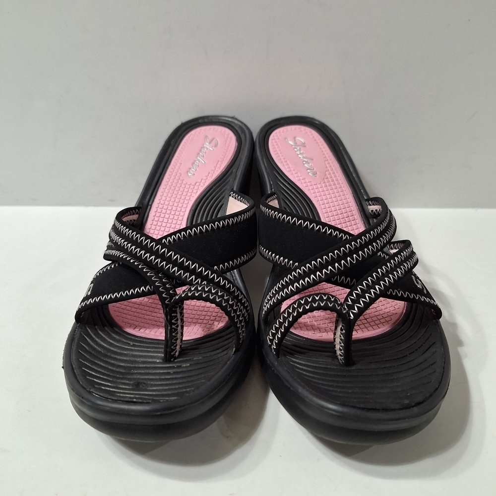 Skechers Casual Black and Pink Wedge Platform Strappy Comfy Slip On Sandal Sz.8 - Picture 6 of 11